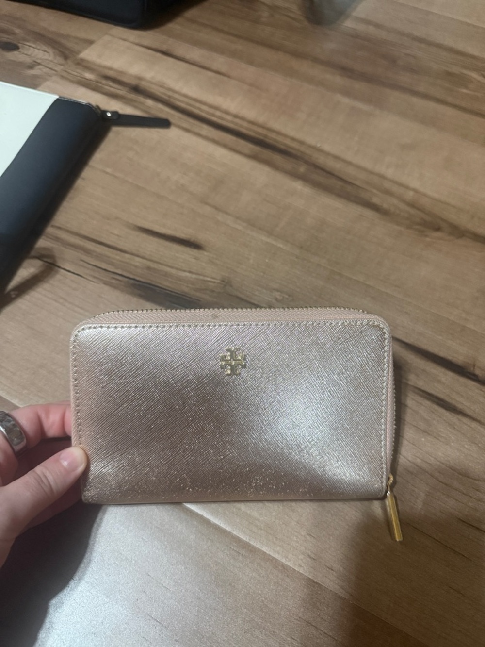 Tory Burch Metallic Pink Zip-Around Wallet with Gold Logo